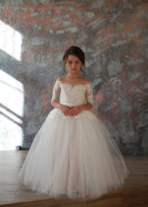 Ivory Lace Tulle Peplum Flower Girl Dress With Nude Lining